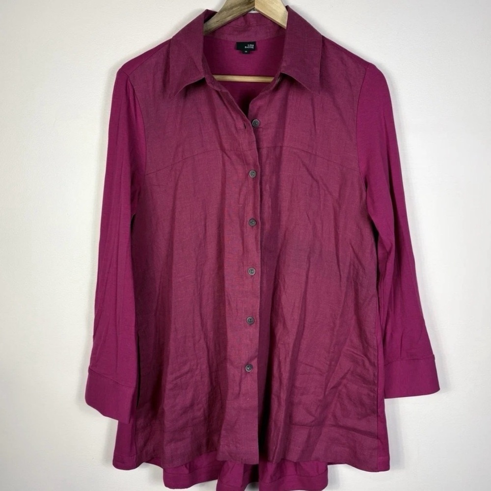 Lisa Bayne Artsy Pink Linen Bamboo Button Down Lagenlook Tunic Blouse